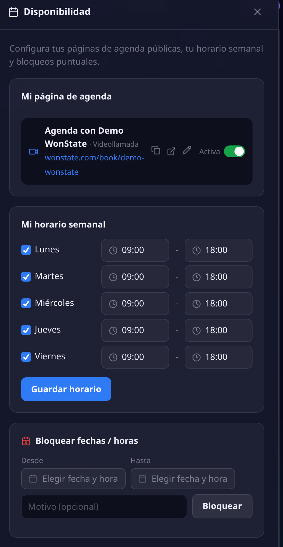 Panel de disponibilidad con la página de agenda pública y su enlace, el horario semanal de lunes a viernes de 9 a 18 con casillas por día, y el bloque para bloquear fechas y horas puntuales