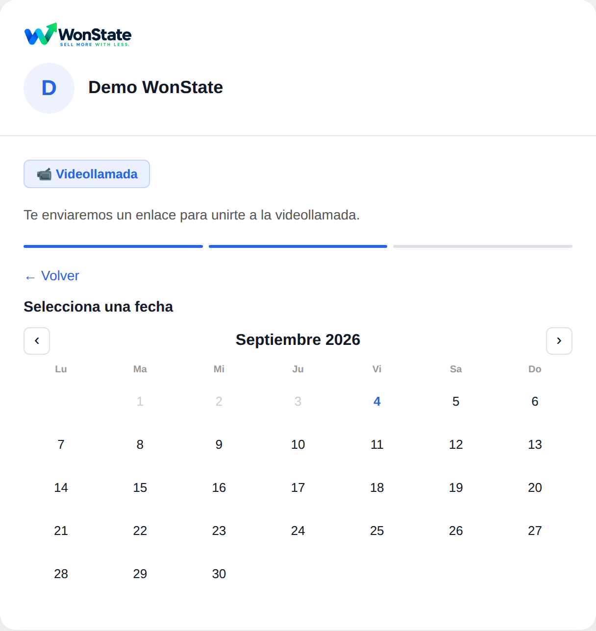 Segundo paso de la reserva: el calendario del mes donde el cliente elige el día, con los días pasados en gris