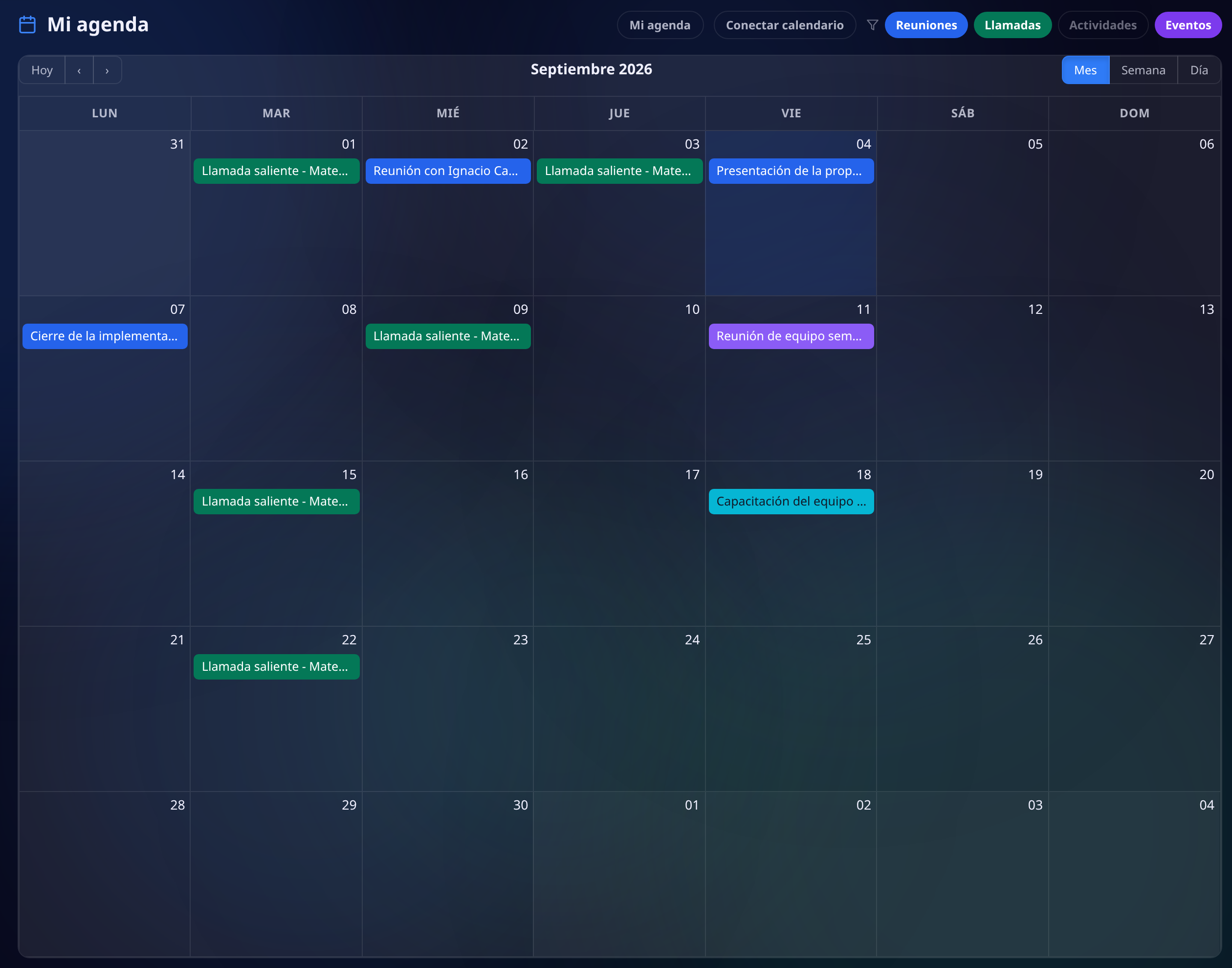 Vista de mes de Mi agenda con los filtros por tipo (reuniones, llamadas, actividades y eventos), los botones de mes, semana y día, y las reuniones agendadas en sus días