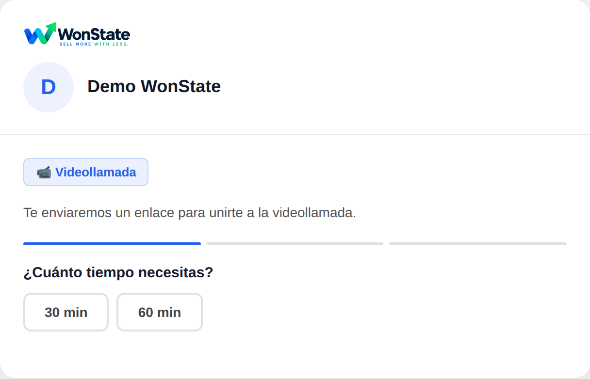 Página pública de reserva con el logo de la empresa, el nombre de la persona con quien se agenda, el tipo videollamada y la pregunta por cuánto tiempo necesita