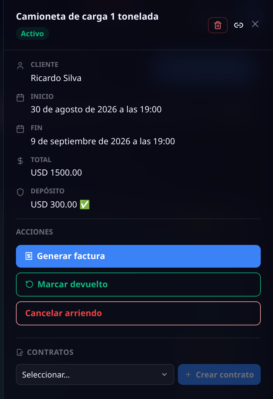 Panel de un arriendo activo: cliente, inicio, fin, total, depósito pagado, y acciones generar factura, marcar devuelto y cancelar arriendo, más la sección de contratos