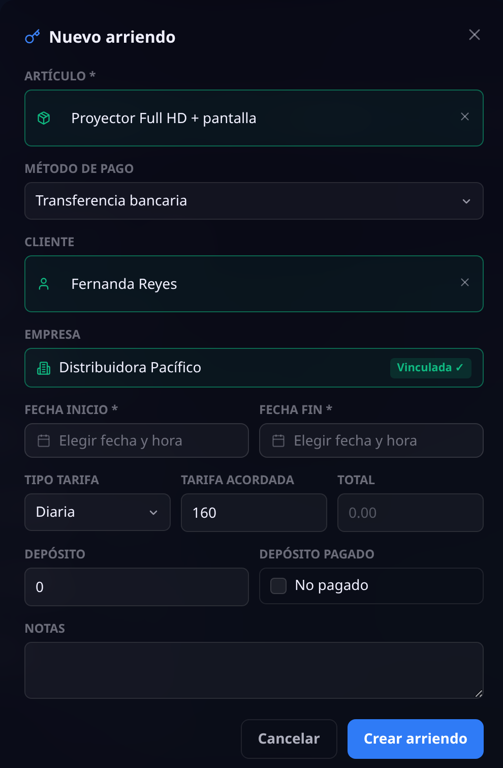 Formulario de nuevo arriendo: artículo, método de pago, cliente con su empresa vinculada, fechas de inicio y fin, tipo de tarifa, tarifa acordada, total, depósito y notas