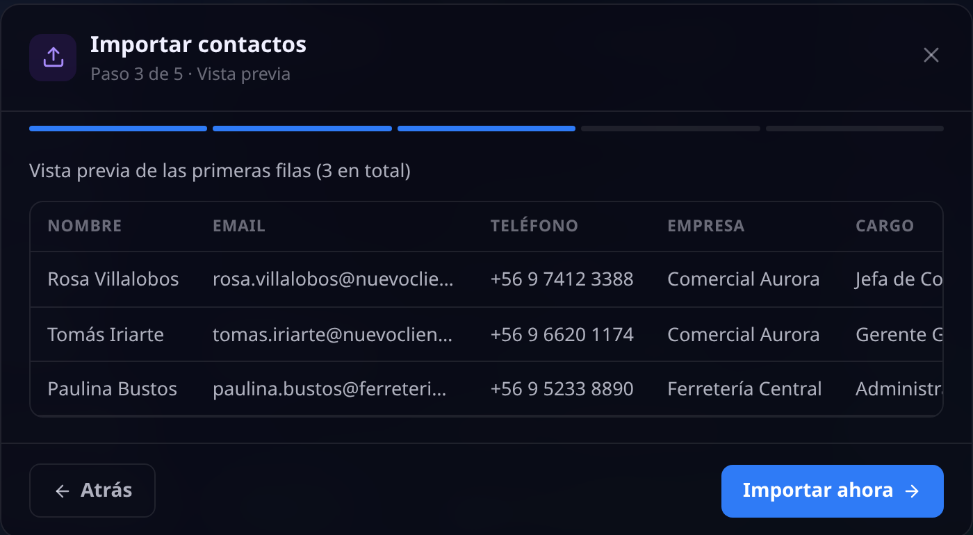 Paso 3 del asistente: vista previa de las tres filas del archivo con nombre, email, teléfono, empresa y cargo ya reconocidos