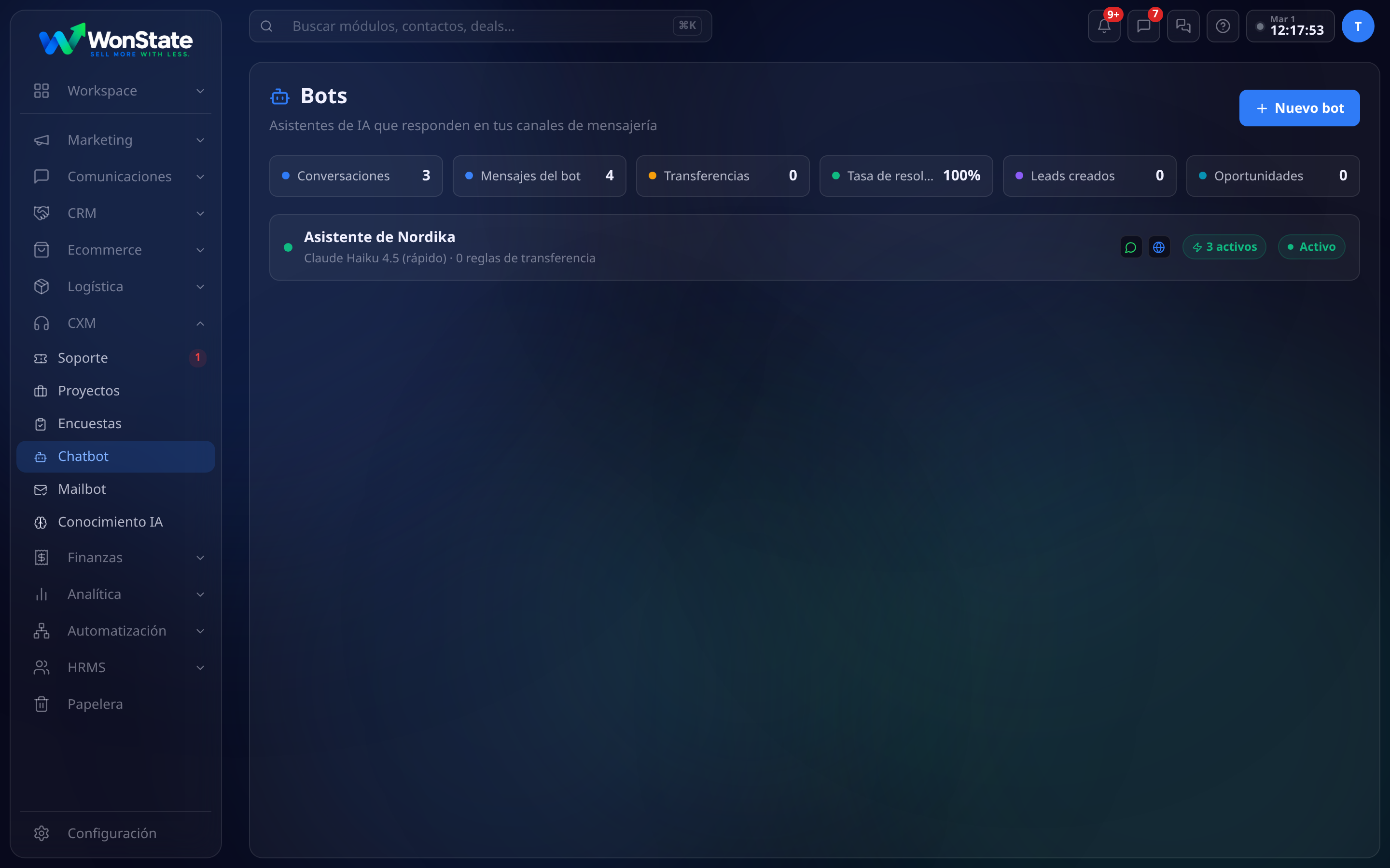 Módulo Bots con los indicadores de conversaciones, mensajes del bot, transferencias, tasa de resolución, leads y oportunidades creadas, y el bot Asistente de Nordika activo