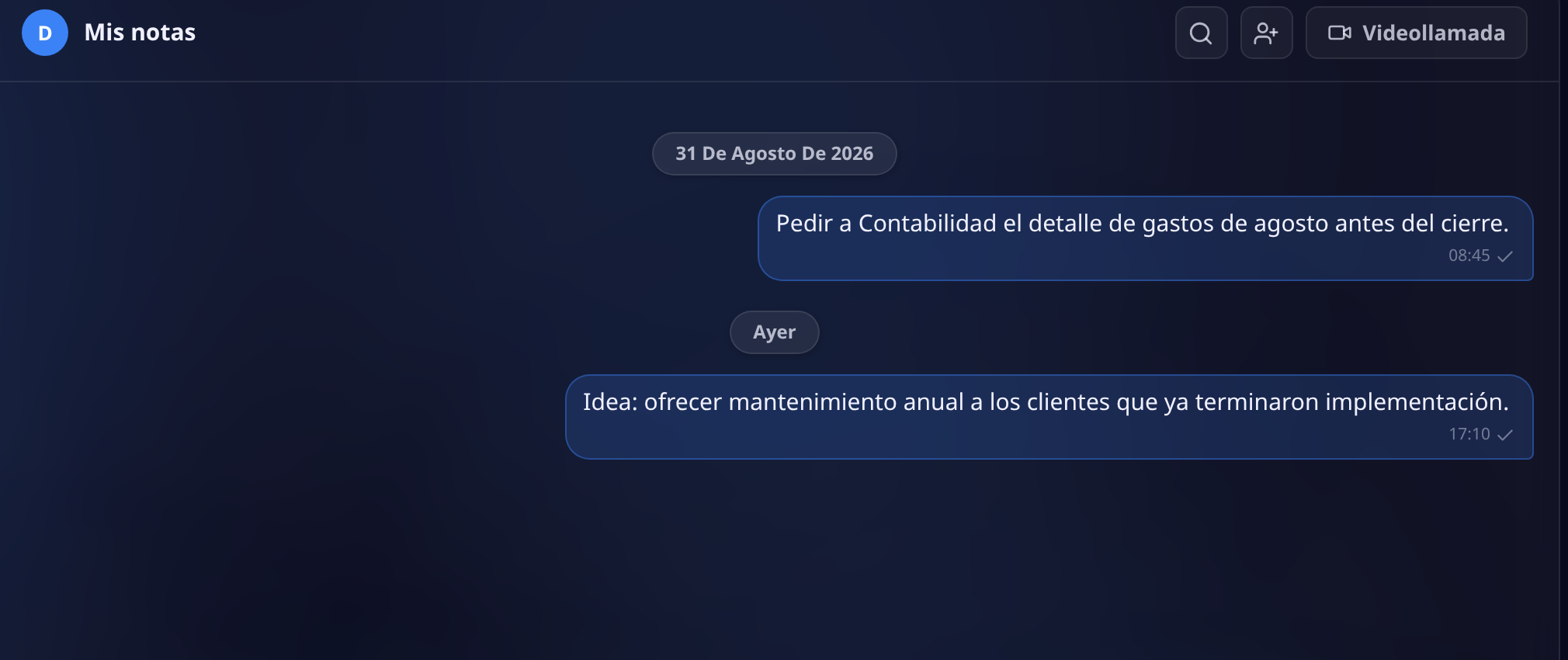 Conversación personal Mis notas con dos apuntes propios sobre pedir un detalle de gastos y una idea comercial
