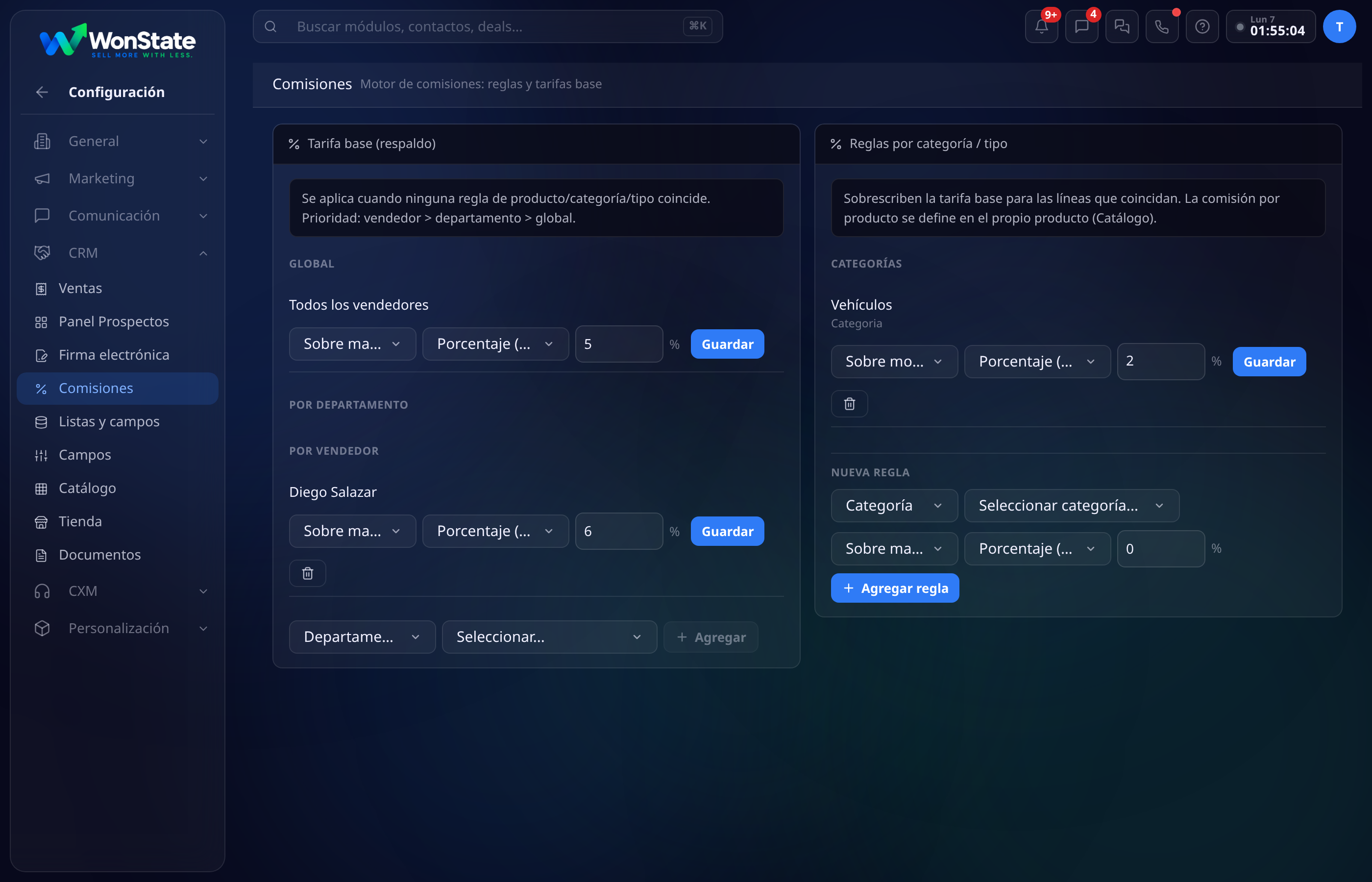 Configuración de Comisiones de WonState: a la izquierda la tarifa base (global, por departamento y por vendedor); a la derecha las reglas por categoría y tipo