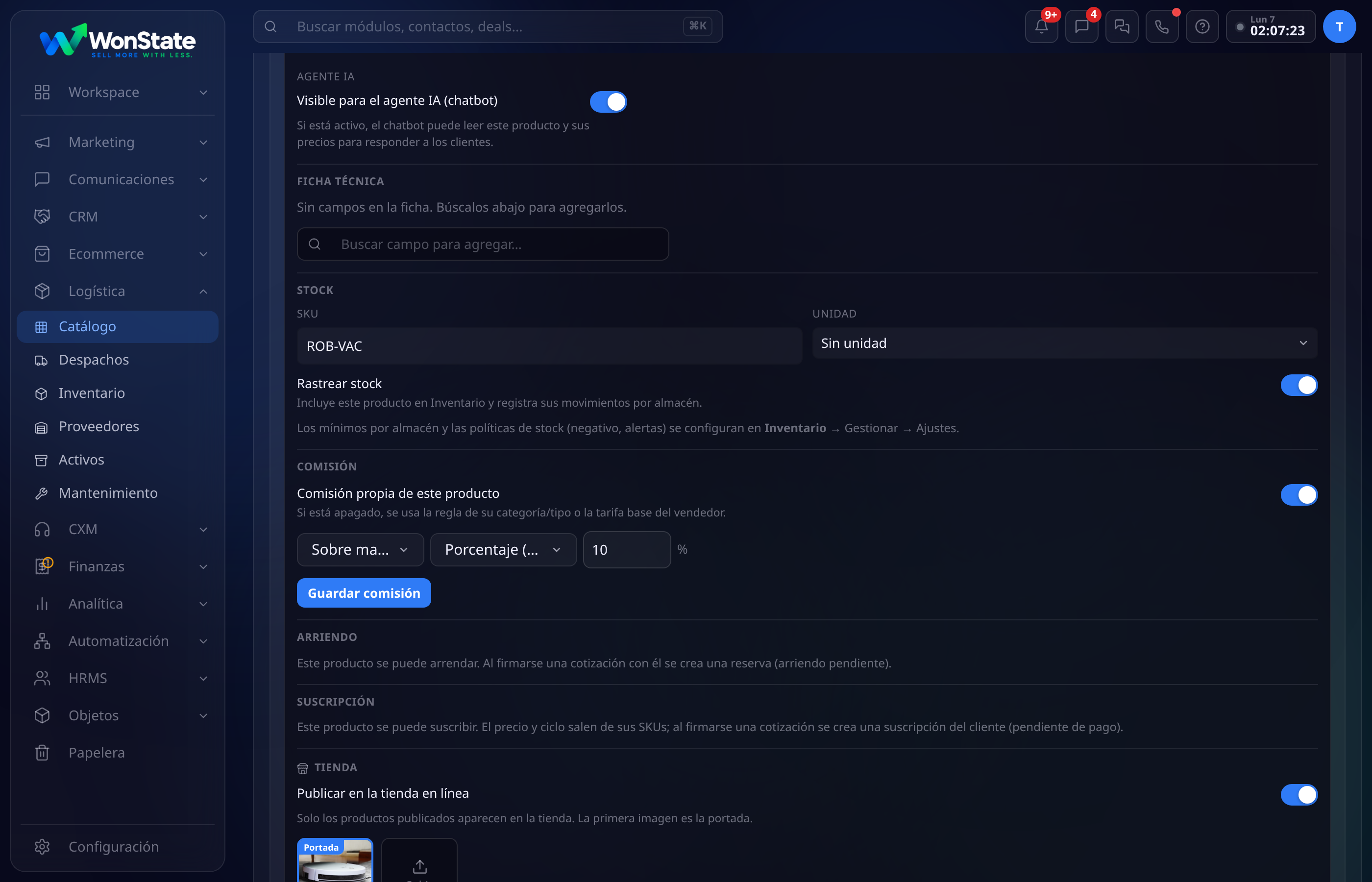 Editor de un producto en WonState con el bloque Comisión: interruptor Comisión propia de este producto y los campos de base y tarifa
