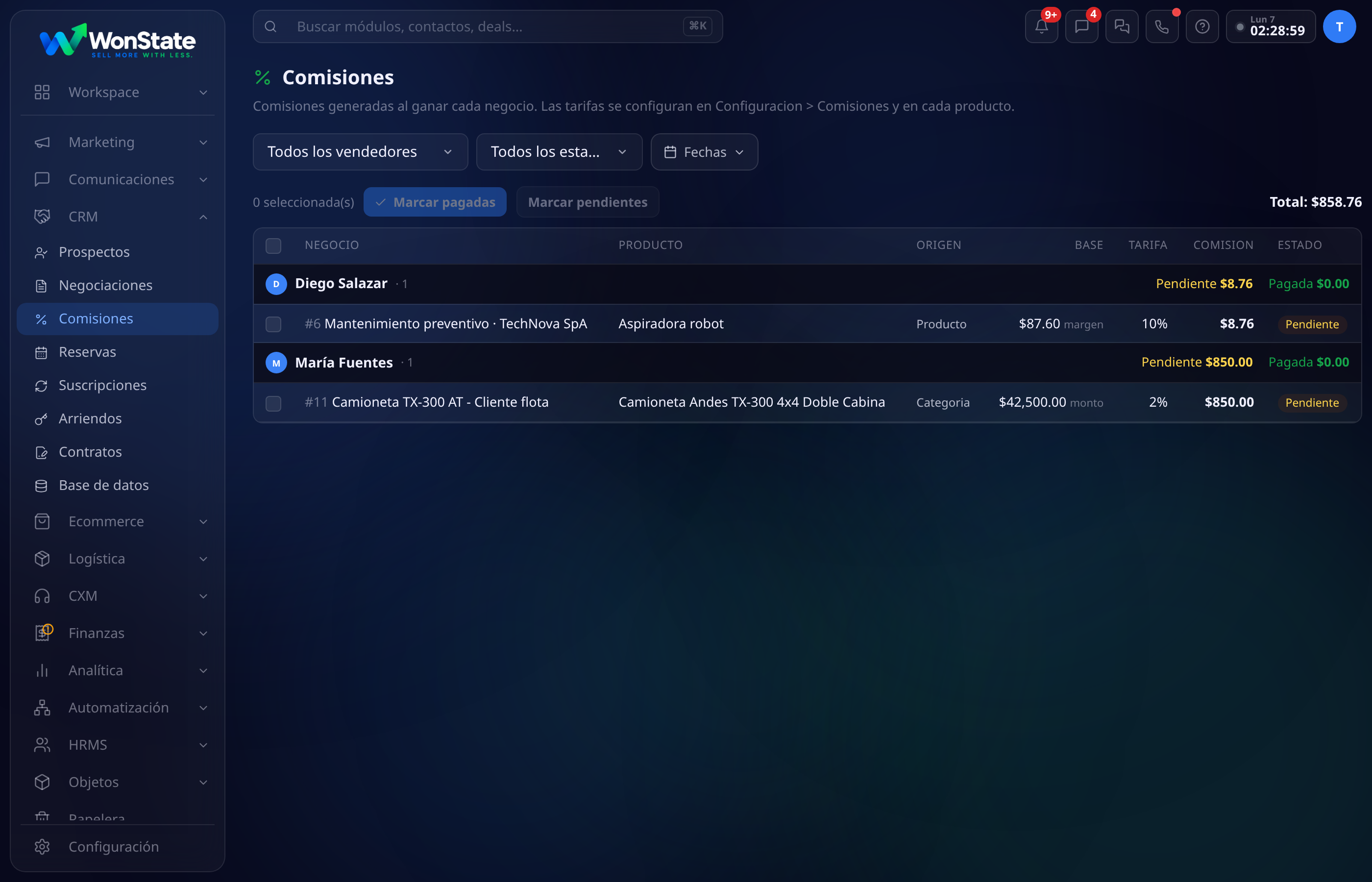 Pantalla Comisiones de WonState: tarjetas de resumen por vendedor y una tabla con vendedor, negocio, producto, origen (Producto/Categoría), base, tarifa, comisión y estado