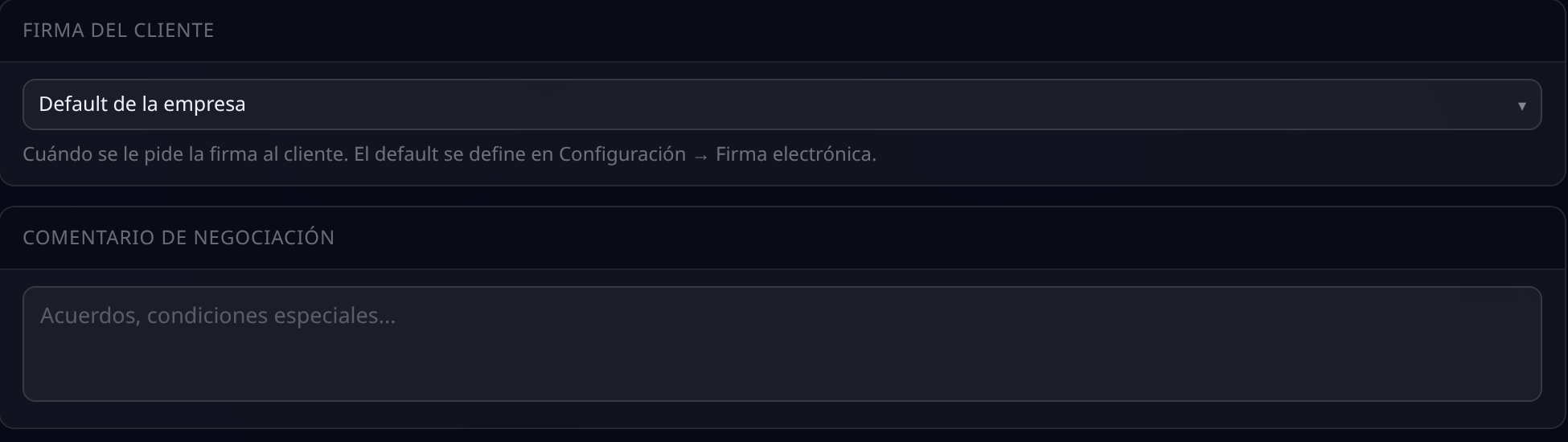 Selector de firma del cliente con la opción Default de la empresa y el campo de comentario de negociación