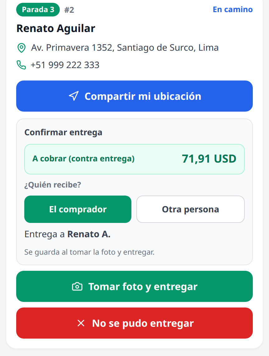 Pantalla del repartidor al confirmar una entrega: el total a cobrar contra entrega, el selector de quién recibe con las opciones El comprador y Otra persona, el nombre del comprador, y los botones Tomar foto y entregar y No se pudo entregar