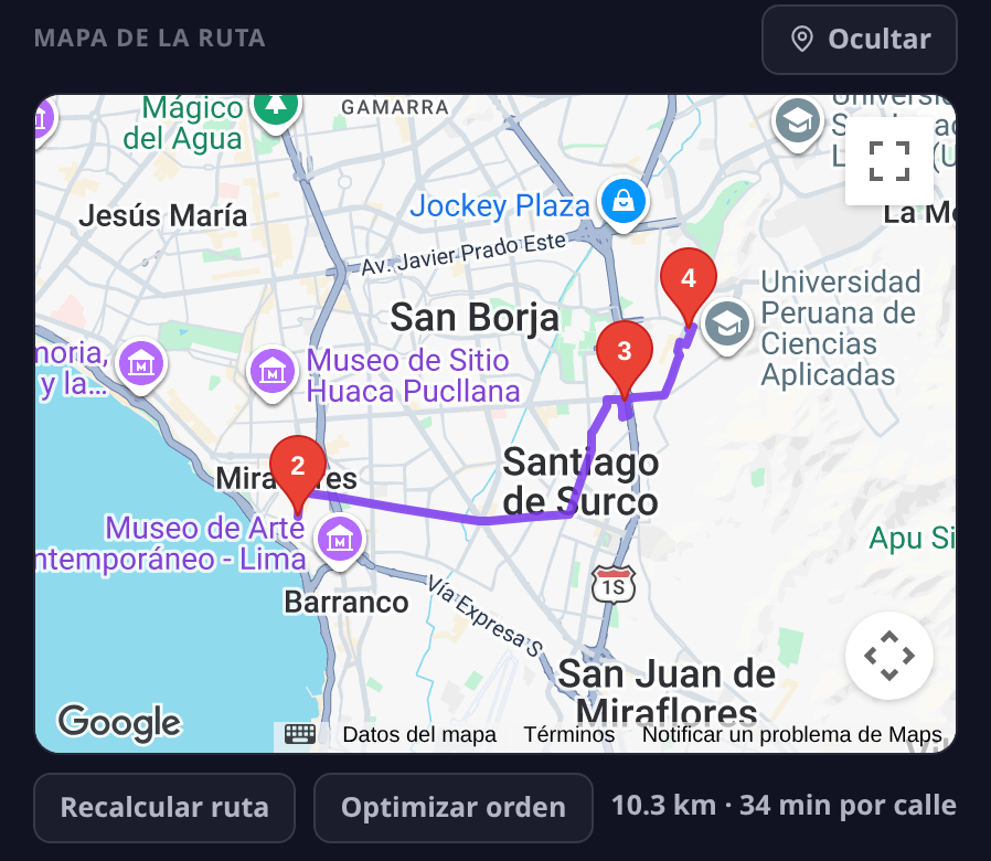 Panel de una ruta con Google Maps: las paradas numeradas sobre el mapa, el trazado real por las calles, y debajo los botones Recalcular ruta y Optimizar orden junto a los kilómetros y minutos del recorrido