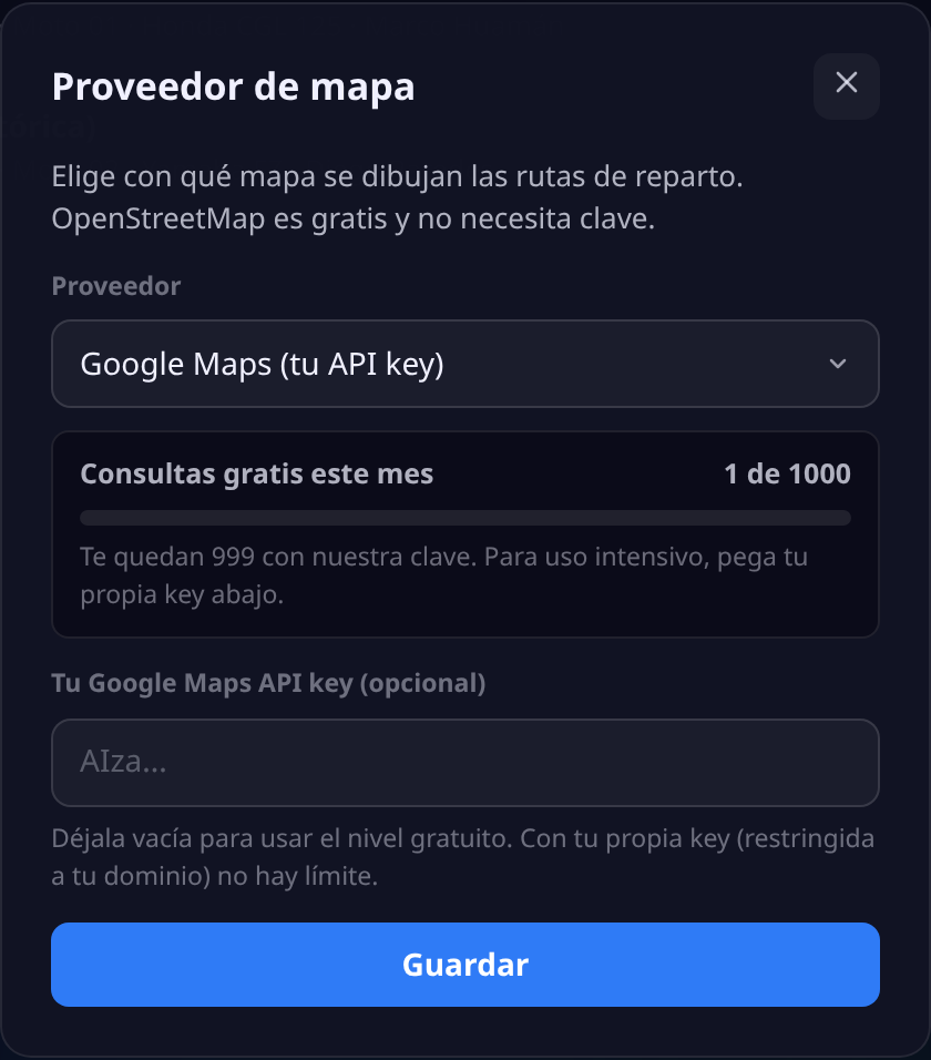 Ventana del proveedor de mapa con Google Maps elegido, la barra de consumo del nivel gratuito mostrando 1 de 1000 consultas del mes, y el campo opcional para pegar la clave propia