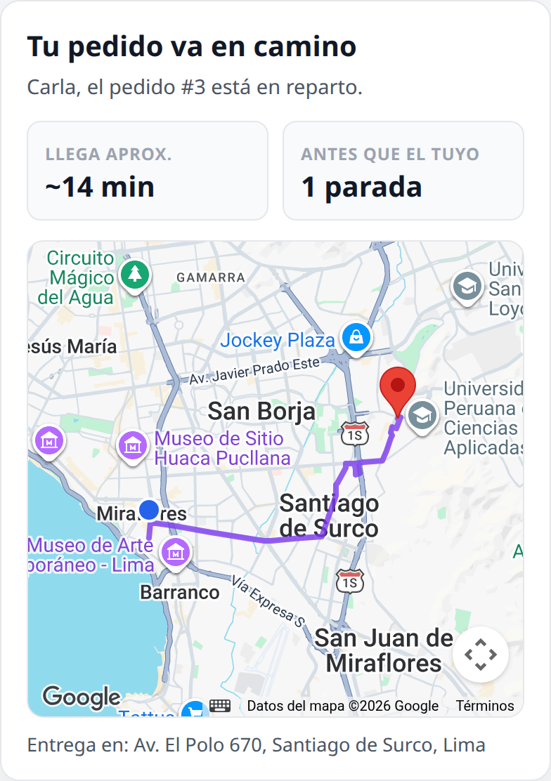 Página de seguimiento que ve el cliente en su teléfono: el título Tu pedido va en camino, la hora aproximada de llegada, cuántas paradas faltan antes de la suya y el mapa con el repartidor y la ruta hasta su dirección