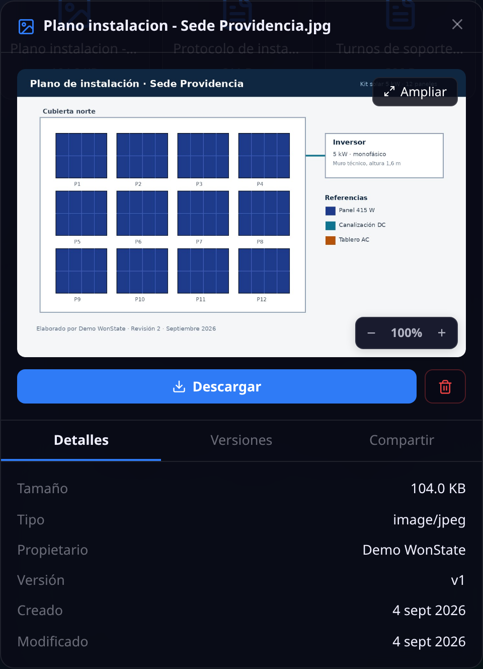 Panel de un archivo seleccionado: la vista previa del plano con el control de zoom, el botón Descargar, el de papelera y las pestañas Detalles, Versiones y Compartir, con el tamaño, el tipo, el propietario y la versión