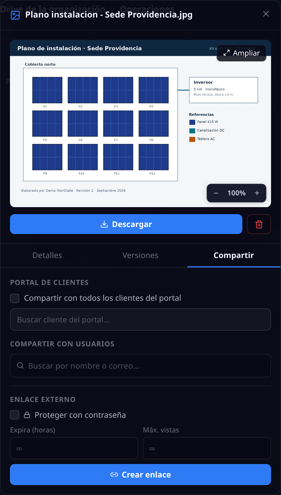 Pestaña Compartir de un archivo con sus tres formas: compartir con todos los clientes del portal o con un cliente concreto, compartir con usuarios del equipo, y enlace externo con contraseña, expiración en horas y máximo de vistas