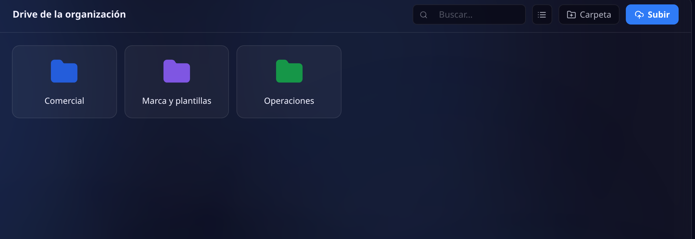 Drive de la organización con tres carpetas de colores: Comercial, Operaciones y Marca y plantillas