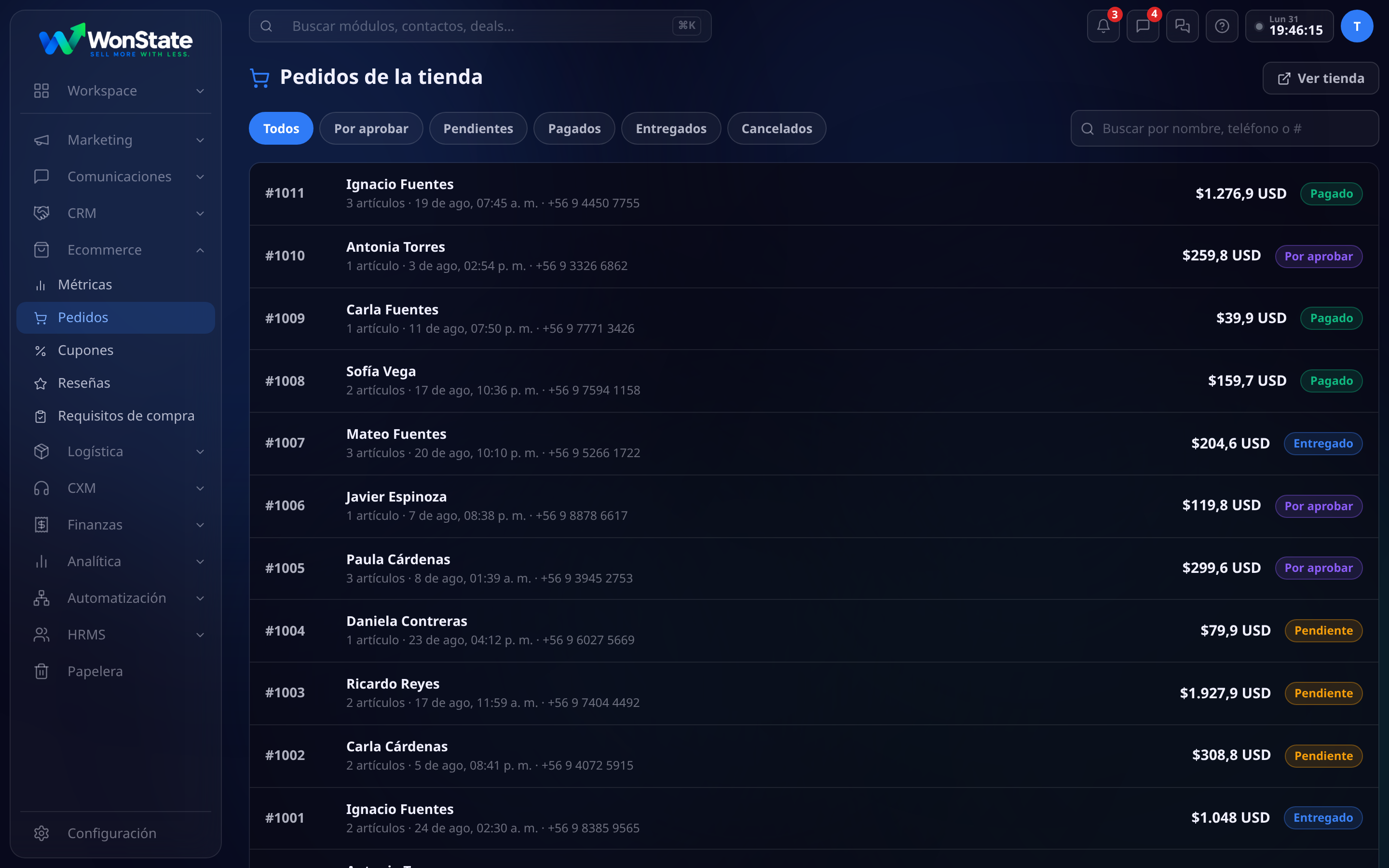 Pedidos de la tienda: pestañas Todos, Por aprobar, Pendientes, Pagados, Entregados y Cancelados, y la lista de pedidos con número, cliente, artículos, teléfono, monto y estado