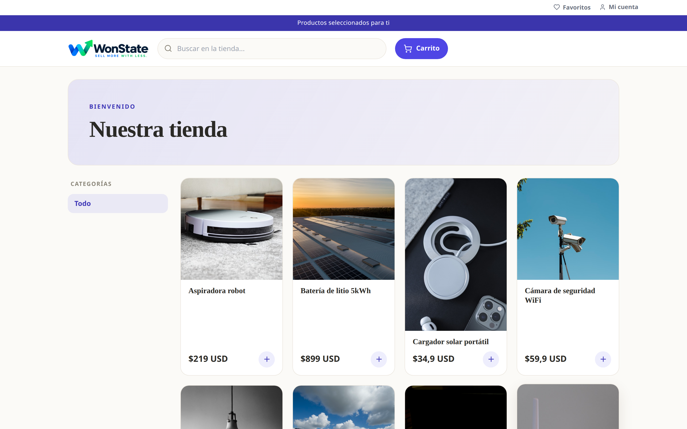Tienda pública de WonState: logo de la empresa, buscador, categorías, productos con foto y precio, botón de carrito, favoritos y mi cuenta
