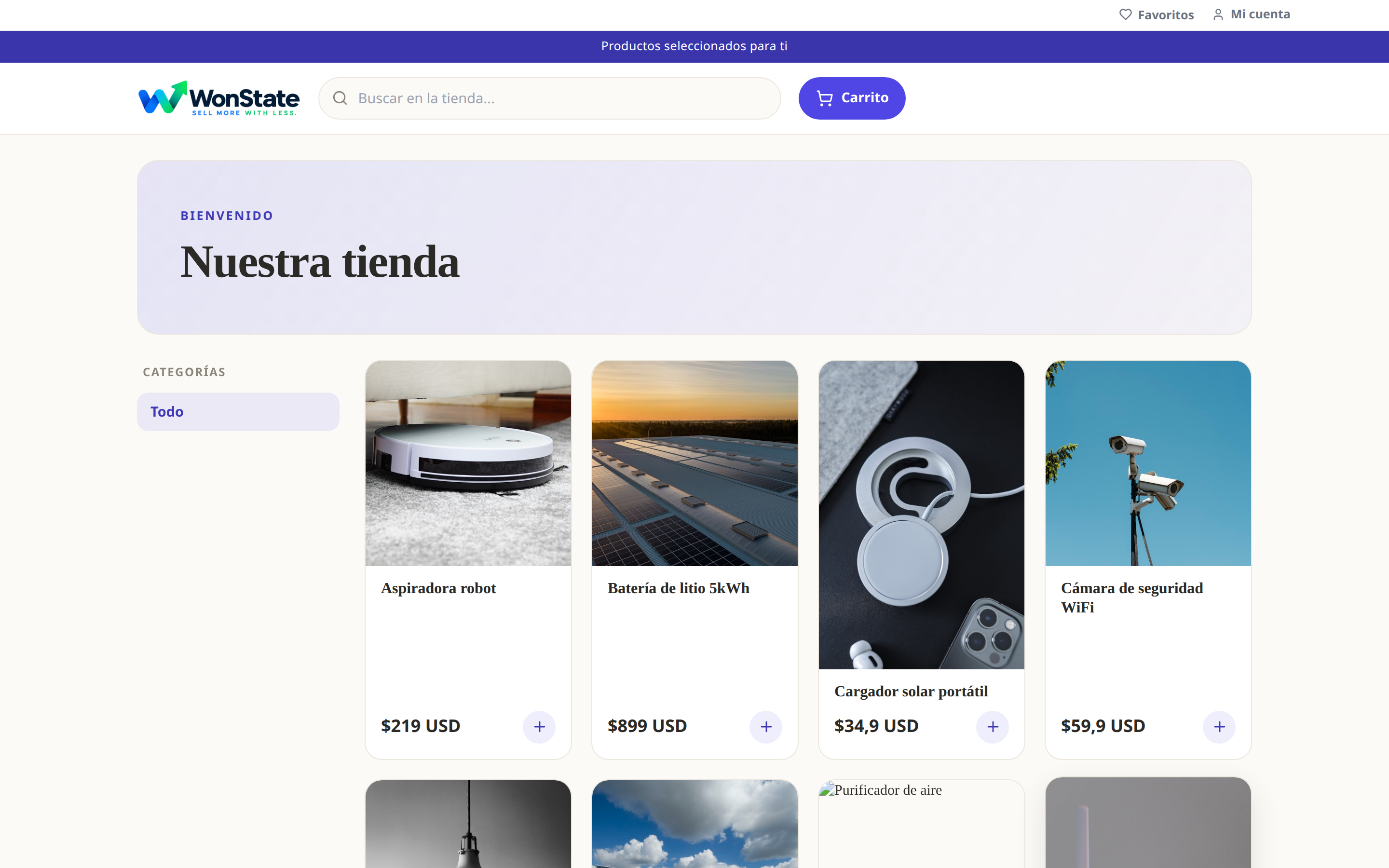 Tienda pública de WonState: logo de la empresa, buscador, categorías, productos con foto y precio, botón de carrito, favoritos y mi cuenta