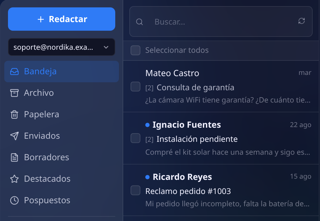 Bandeja de Email: selector del buzón compartido, carpetas Bandeja, Archivo, Papelera, Enviados, Borradores, Destacados y Pospuestos, accesos a Reglas, Análisis y Configuración, y la lista de hilos con no leídos
