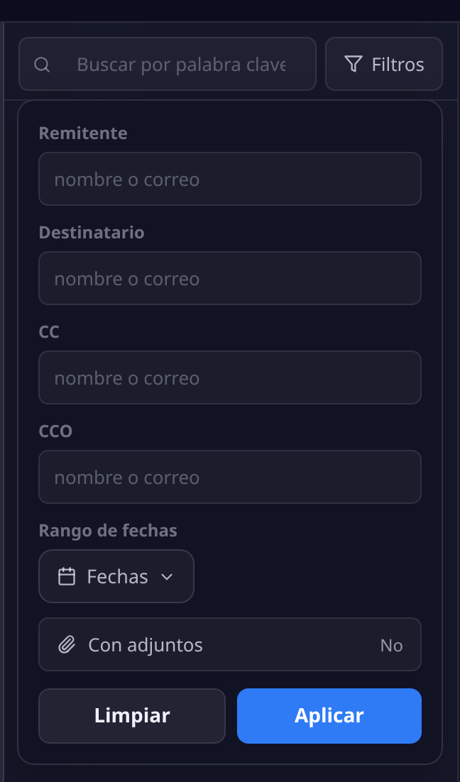 Panel de filtros del Email abierto bajo el buscador: campos Remitente, Destinatario, CC y CCO, el selector de Rango de fechas, el interruptor Con adjuntos y los botones Limpiar y Aplicar