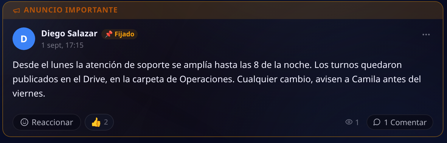 Publicación marcada como anuncio importante con borde naranja y etiqueta Fijado, con reacciones, contador de vistas y comentarios