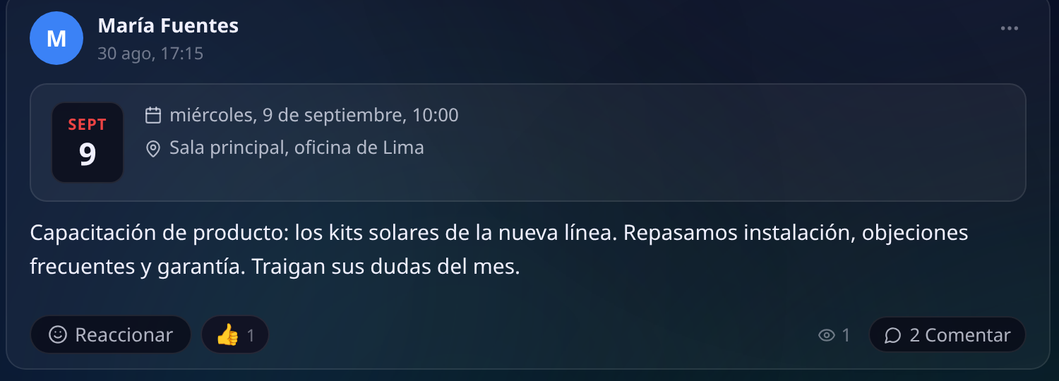 Publicación de tipo evento con una tarjeta de fecha, el día y la hora, el lugar y la descripción de la capacitación
