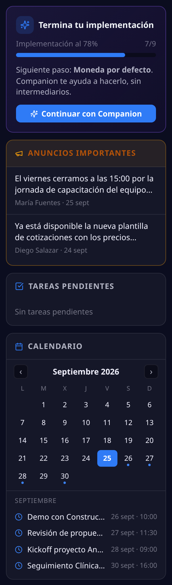 Columna izquierda con la tarjeta de avance de la implementación, los anuncios importantes, las tareas pendientes y el calendario del mes