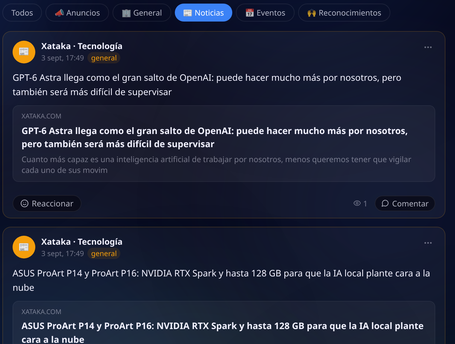 Filtro Noticias activo en el muro, con titulares de dos medios distintos, cada uno con su fuente, su hora y una tarjeta de vista previa con el resumen de la nota