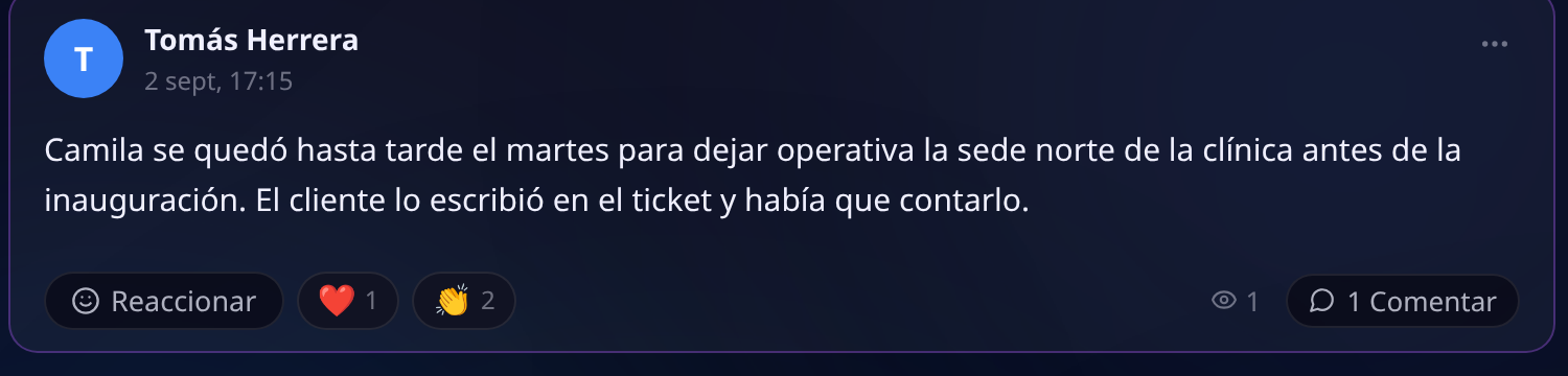 Publicación de reconocimiento contando que una compañera se quedó hasta tarde para dejar operativa la sede de un cliente, con reacciones de aplauso y corazón