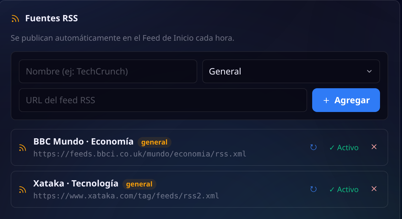 Sección Fuentes RSS en la configuración, con el formulario para agregar nombre, categoría y dirección del feed, y las dos fuentes cargadas marcadas como activas