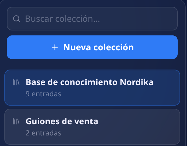 Dos colecciones en la lista: una base de conocimiento de producto con nueve entradas y otra de guiones de venta con dos entradas