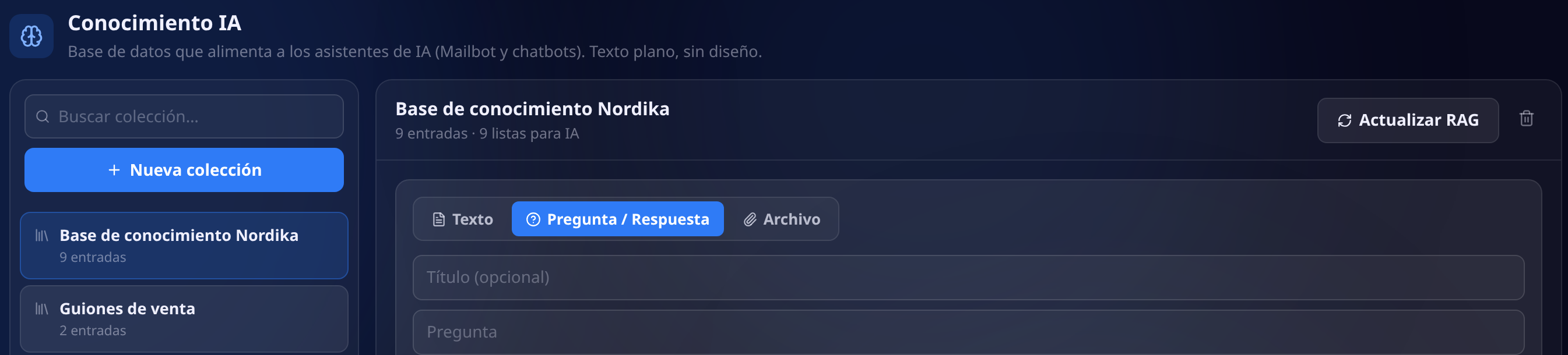Módulo Conocimiento IA con la descripción base de datos que alimenta a los asistentes de IA, la lista de colecciones a la izquierda y el selector de tipo de entrada a la derecha