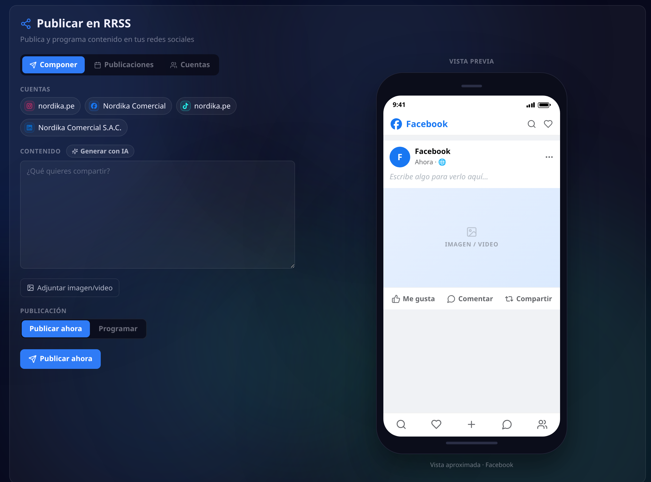 Pantalla de Publicar en RRSS con las cuentas conectadas a la izquierda, el compositor de contenido con la opción de generar con IA y adjuntar imagen o video, y las publicaciones ya hechas