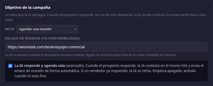 Tarjeta Objetivo de la campaña con la meta Agendar una reunión, el enlace de reserva y el interruptor La IA responde y agenda sola