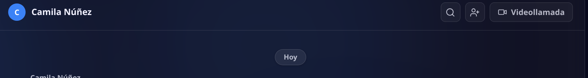 Cabecera de una conversación del chat interno con el botón de Videollamada a la derecha