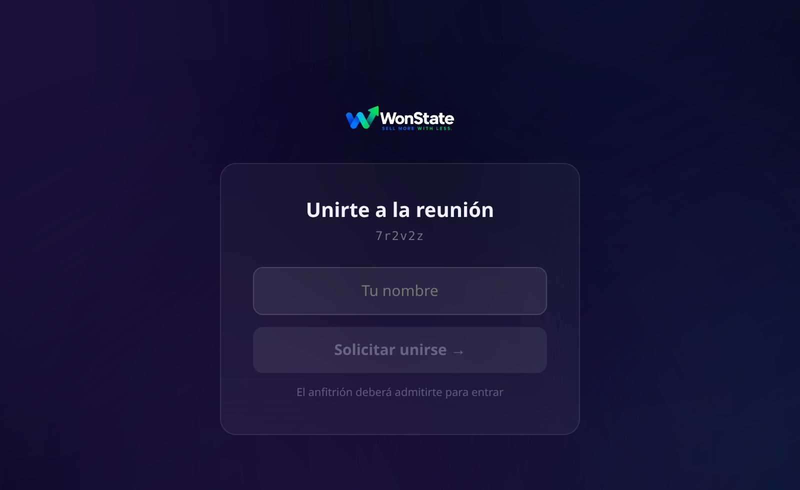 Sala de espera de la reunión con el logo de la empresa, el código de la sala, el campo para escribir tu nombre y el botón de solicitar unirse, con el aviso de que el anfitrión debe admitirte