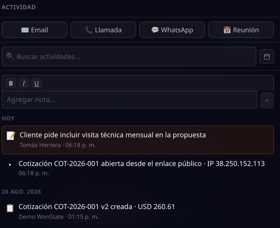 Columna de actividad de la negociación: botones de Email, Llamada, WhatsApp y Reunión, buscador, editor de notas y línea de tiempo con una nota, la apertura de la cotización desde el enlace público con IP y la creación de la versión 2