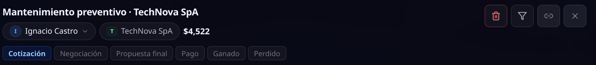 Cabecera de una negociación: nombre del deal, contacto, empresa, valor, etapas clicables y los controles de eliminar, filtrar actividades, ver en Prospectos y cerrar