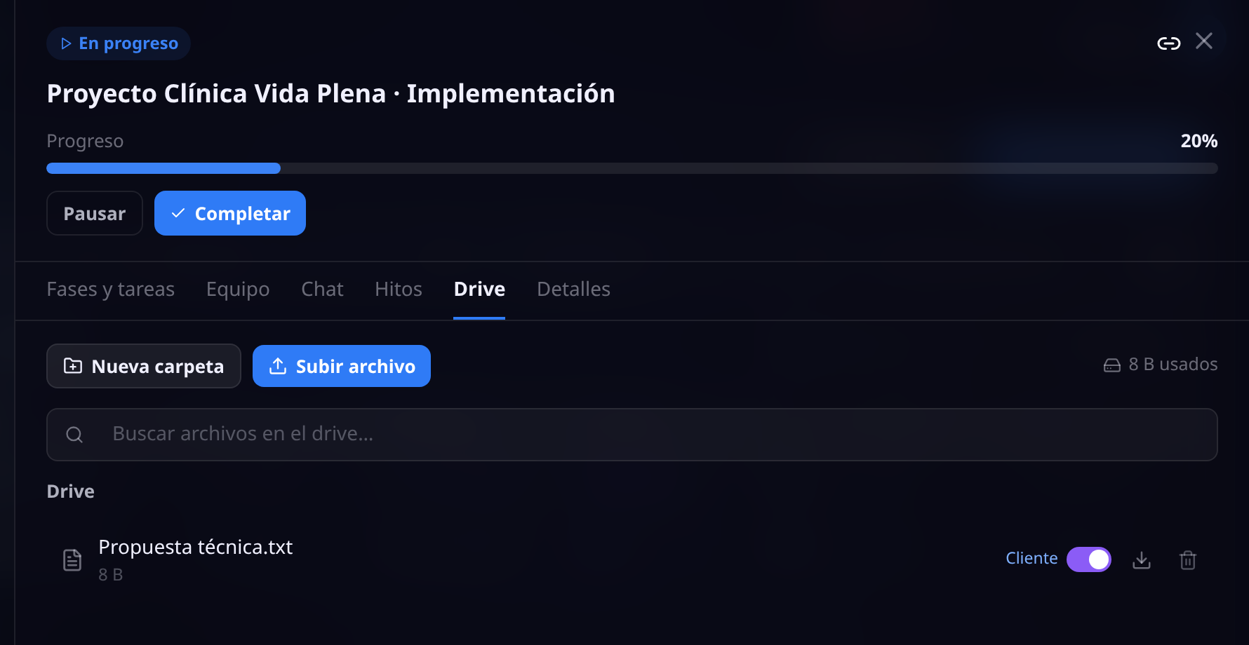 Drive de un proyecto con un archivo y su interruptor Cliente activado, más los botones de descargar y eliminar