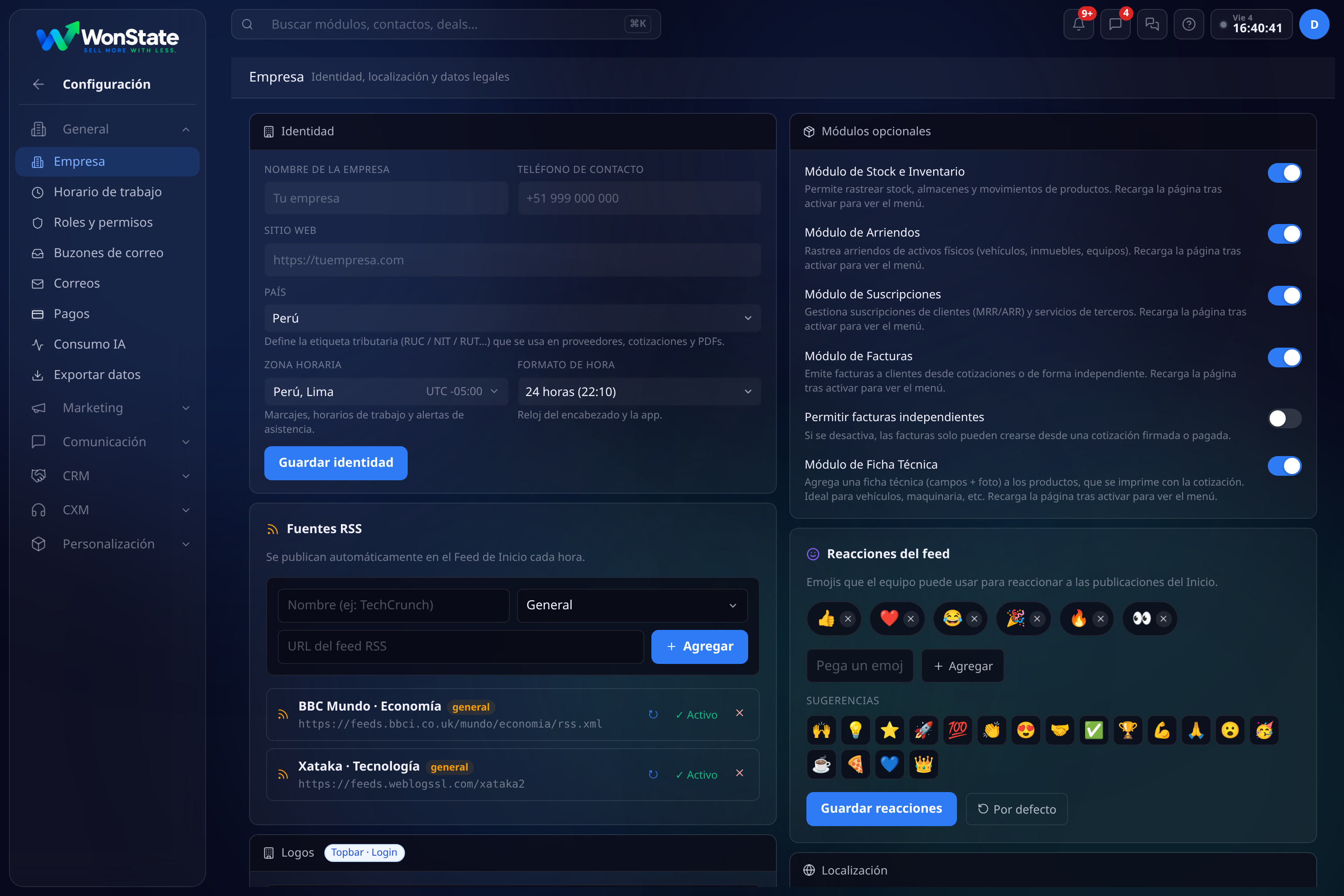 Pantalla de configuración con sus grupos: general, marketing, comunicación, CRM, listas y campos, catálogo, documentos, CXM y los demás