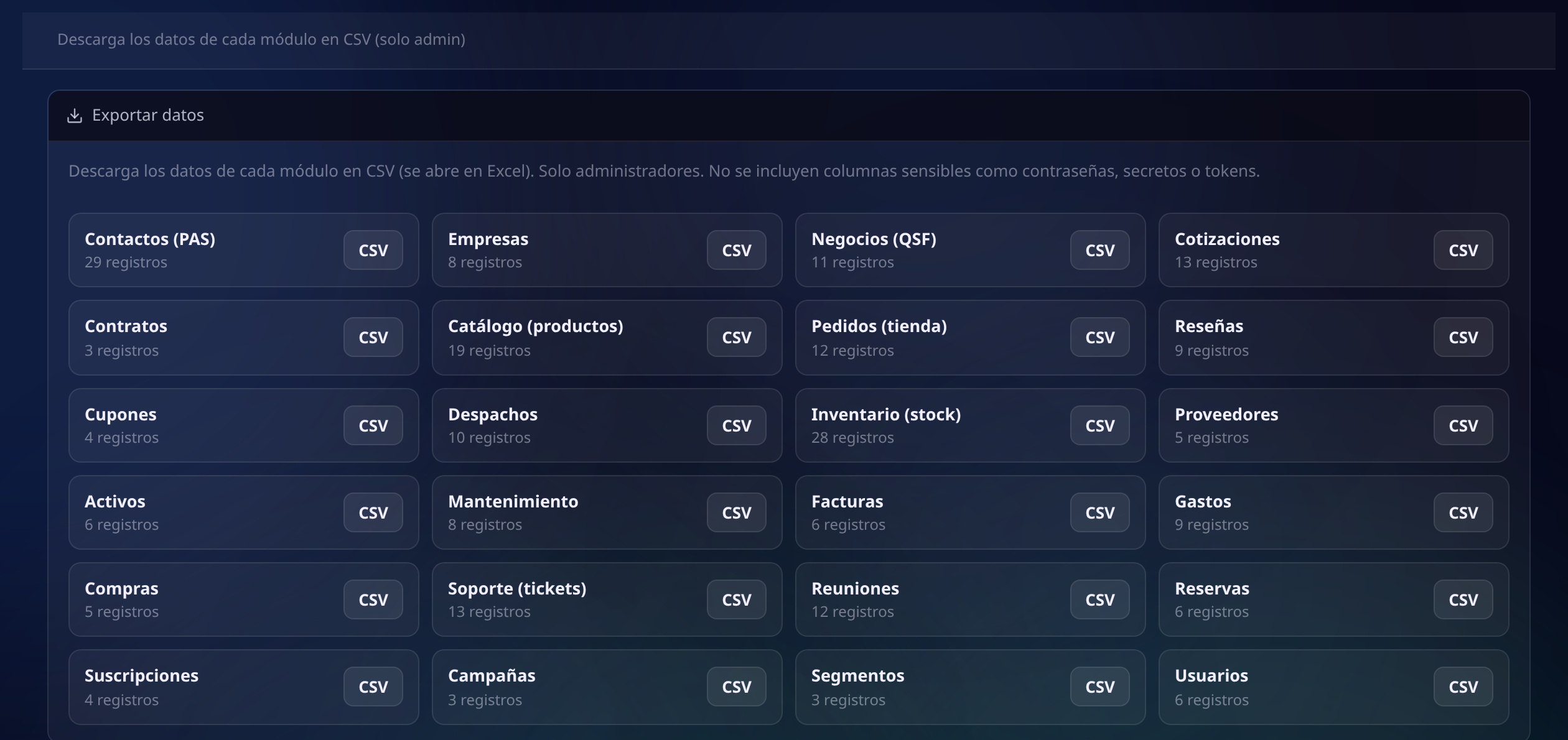 Pantalla de exportar datos con la lista de módulos disponibles y la cantidad de registros de cada uno, y el aviso de que no se incluyen columnas sensibles
