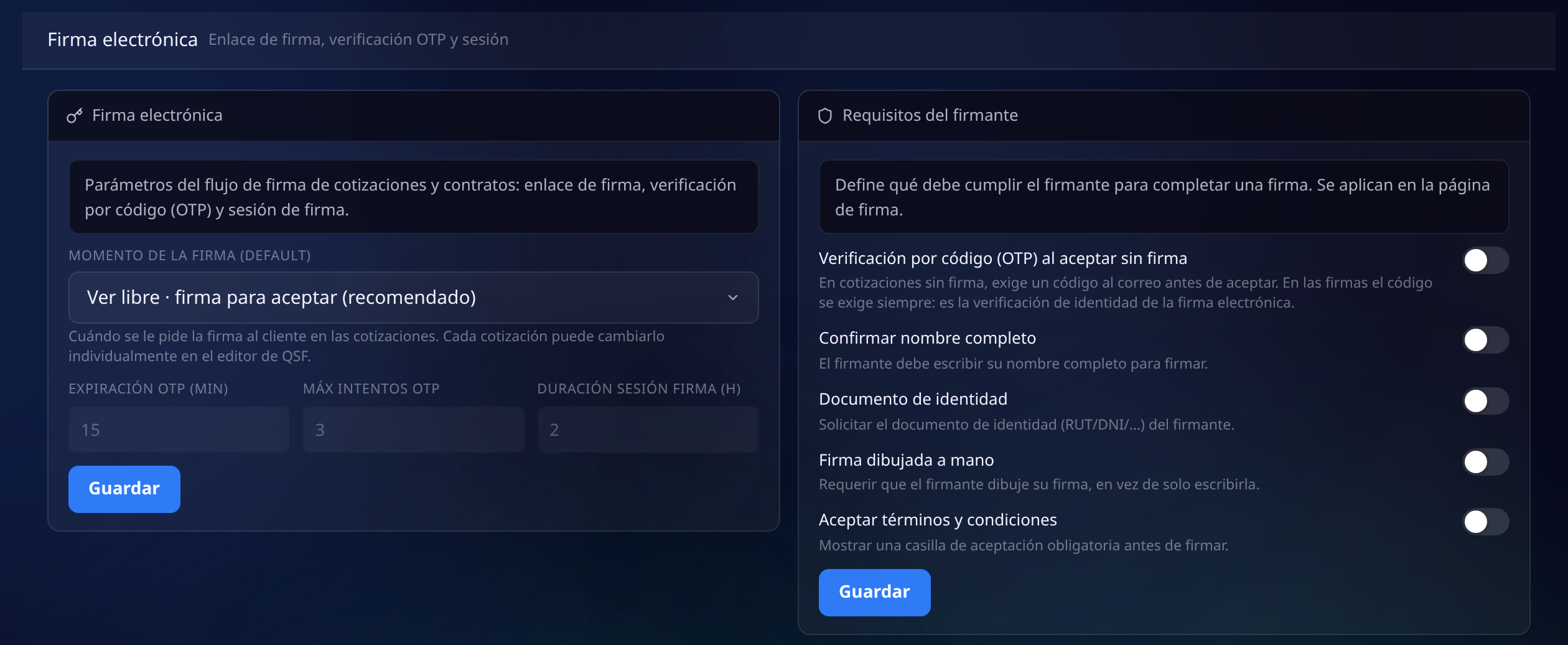 Configuración de firma electrónica con el momento de la firma, la expiración y los intentos del código, la duración de la sesión, y los requisitos del firmante: código al correo, nombre completo, documento de identidad, firma dibujada y aceptación de términos