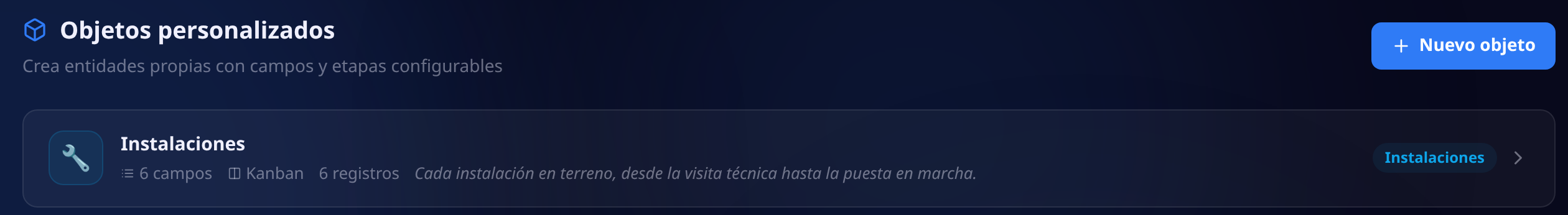 Lista de objetos personalizados con el objeto Instalaciones, su cantidad de campos, su vista kanban, sus registros y su descripción