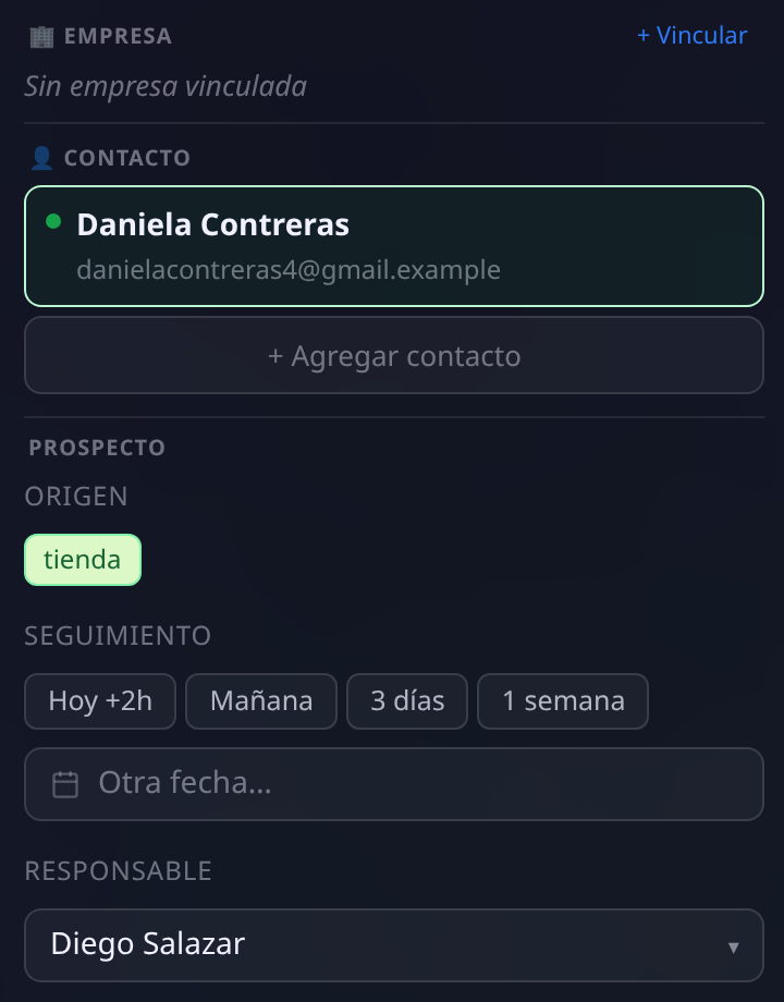 Columna de datos de la ficha del prospecto: empresa, contacto, origen, seguimiento y responsable