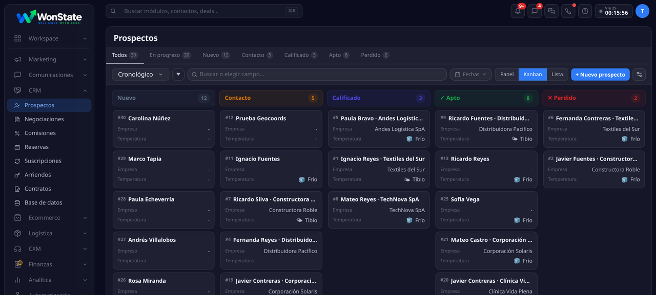Vista Kanban de Prospectos de WonState: una columna por etapa (Nuevo, Contacto, Calificado, Apto, Perdido) con tarjetas que muestran número, nombre, empresa y temperatura