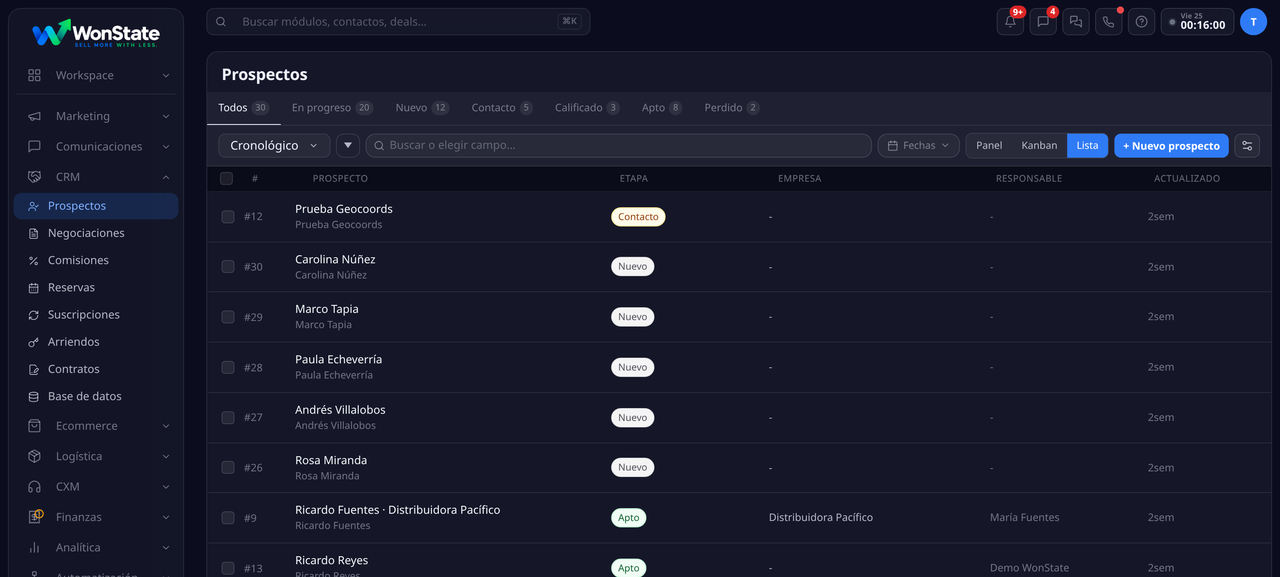 Vista Lista de Prospectos de WonState: tabla con las columnas #, Prospecto, Etapa, Empresa, Responsable y Actualizado, con el selector de Prioridad y el ícono de engranaje para personalizar columnas