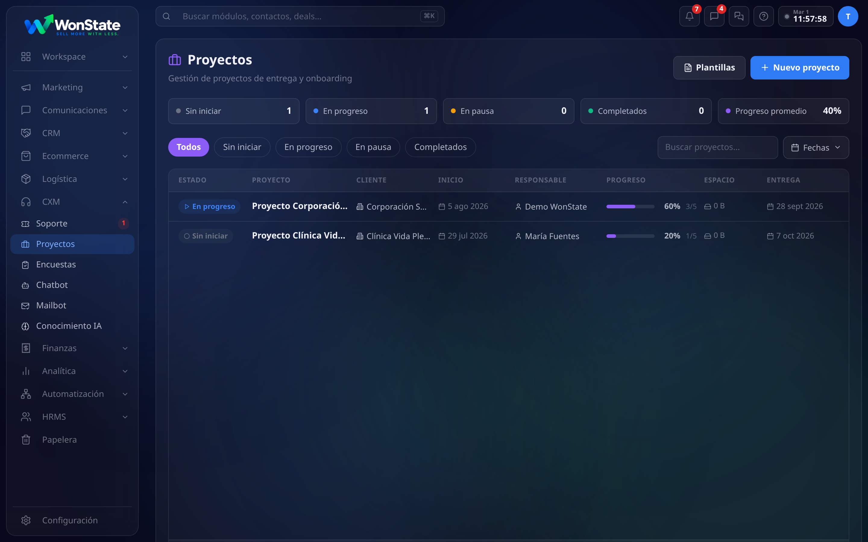 Tablero de Proyectos: indicadores por estado y progreso promedio, y la tabla con estado, proyecto, cliente, inicio, responsable, progreso, espacio usado y fecha de entrega