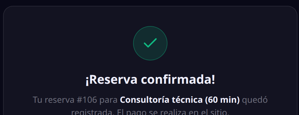 Confirmación de la reserva pública: reserva confirmada con su número y el aviso de que el pago se realiza en el sitio
