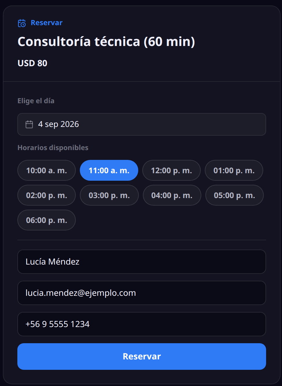 Página pública de reserva completa: día 3 de septiembre elegido, la grilla de horarios disponibles con las 10 de la mañana seleccionada, y el formulario con nombre, correo y teléfono listo para reservar